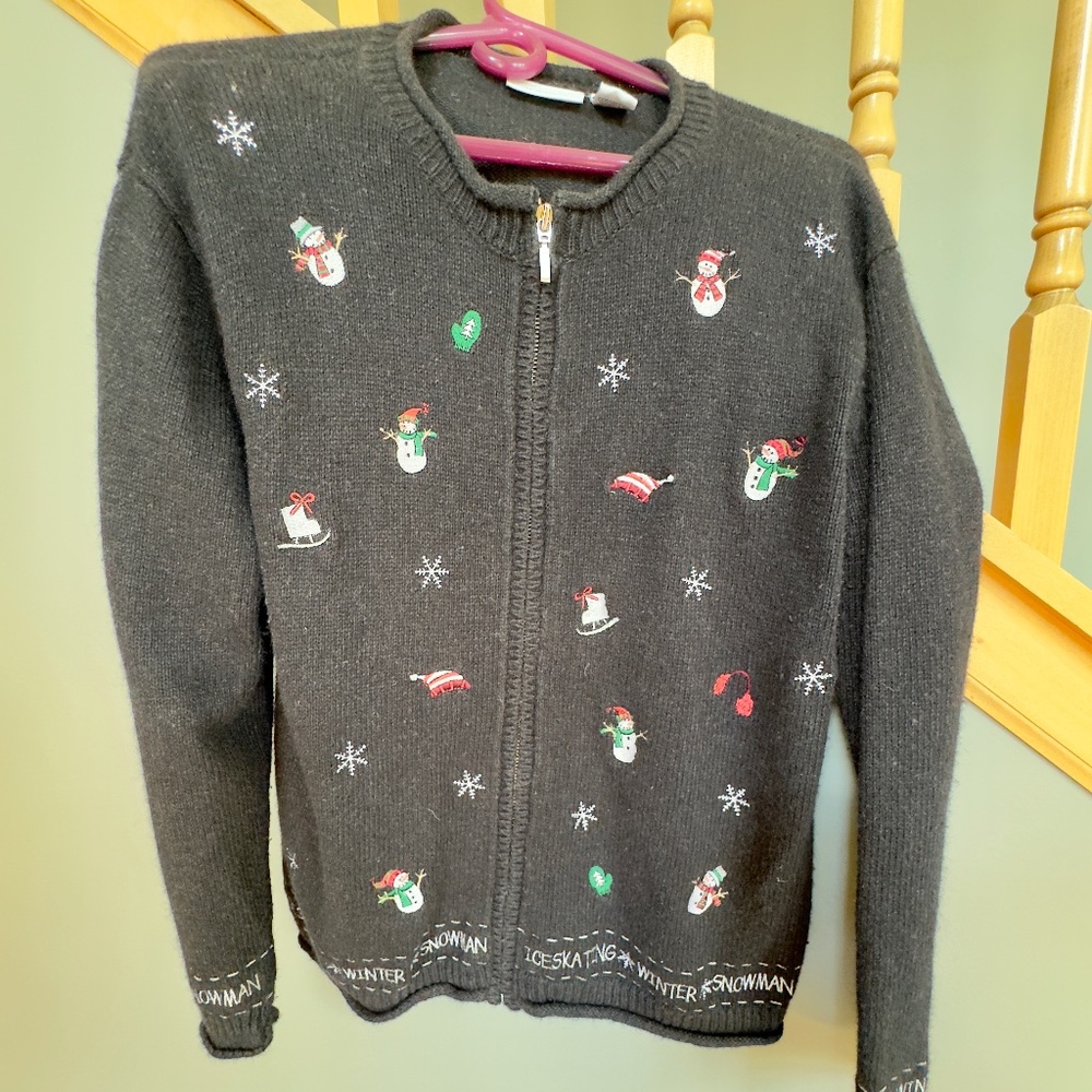 Vintage Craft & Barrow Christmas/ Winter Zip Up Cardigan Black Sweater Sz M
